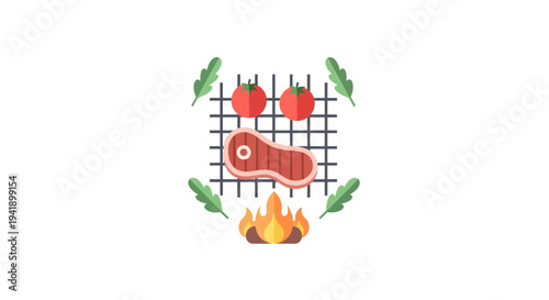 Grilling icons: flat design with steak, vegetables, and fire elements