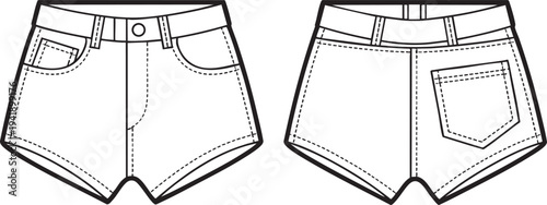 Outline of denim shorts, front and back view, isolated on white.