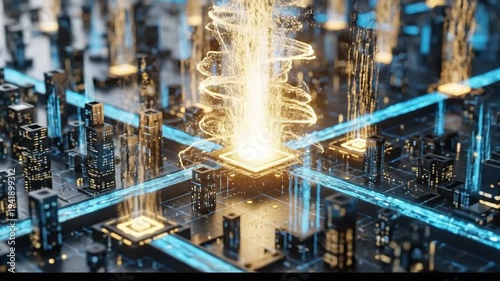 Advanced AI Processor with Glowing Connections and Data Flow on a Futuristic Circuit Board.