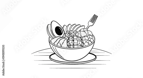A black and white line drawing of a healthy bowl with fruit and avocado, and a fork