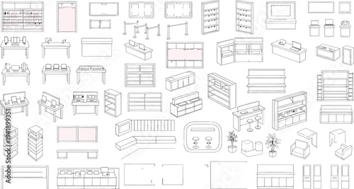 A collection of various architectural blueprints and designs isolated on transparent background