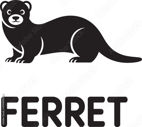 Black silhouette of a ferret icon on transparent background with ferret text below