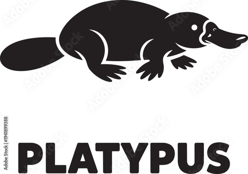 Black silhouette of a platypus icon on transparent background with platypus text below