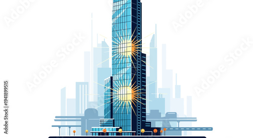 Modern City Skyscraper with Sun Reflecting Windows Illustrative Vector