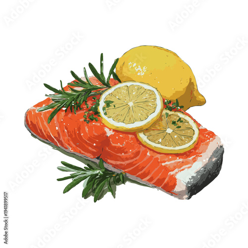 Raw salmon fillet with lemon slices, rosemary, and herbs in painted style on white background, concept of healthy cooking ingredients