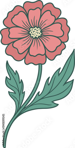 Elegant Pink Flower Illustration with Green Leaves and Stem