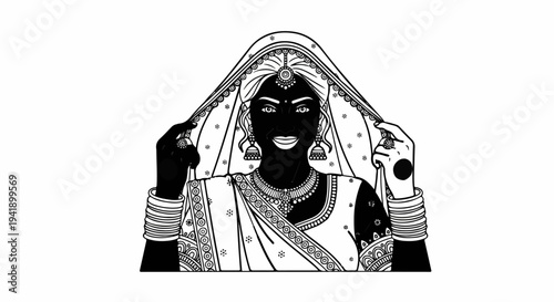 A Black and White illustration of a smiling woman in traditional Indian attire