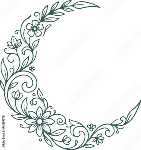 Elegant Floral Crescent Moon Hand Drawn Vector Illustration