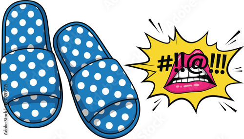 Blue polka dot slippers and comic pop art mouth with censorship symbols illustration set representing home comfort and expressive speech concept