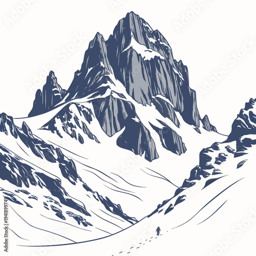 Snowy mountain range with sharp peaks and a lone hiker 1