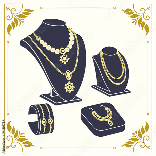 Gold jewelry display on black stands black display stands