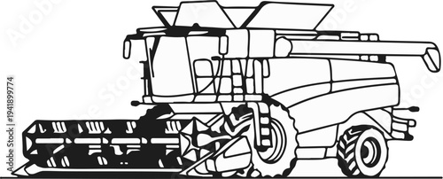 A black and white line drawing of a large agricultural harvesting combine machine