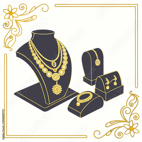 Gold jewelry display on black stands with floral black display stands