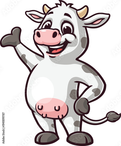 Dairy cow mascot cartoon with welcoming pose