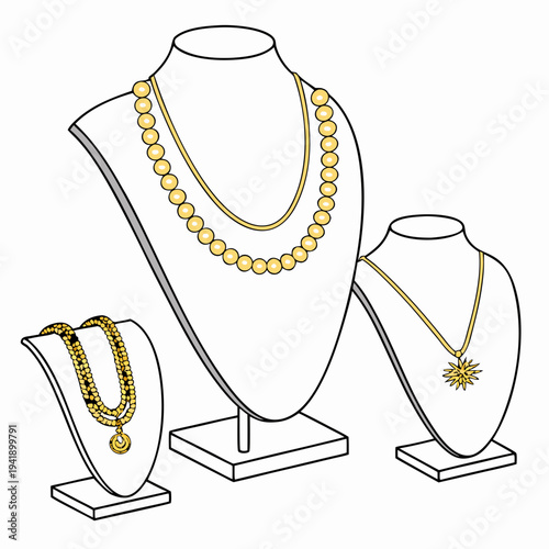 Gold jewelry display on busts necklaces bracelet