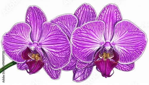 Purple orchids with white veining, botanical close-up illustration.
