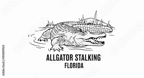 A black and white illustration of an alligator lurking in murky water with grass