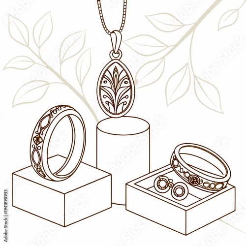 Gold jewelry set with pendant and ring on display earrings