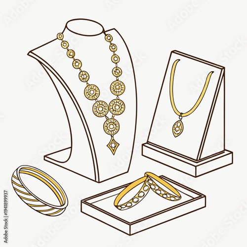 Gold jewelry store showcase composition with multi pieces