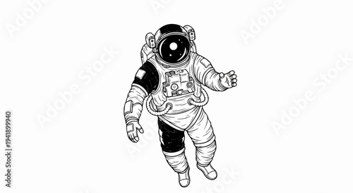 A black and white illustration of an astronaut floating in space