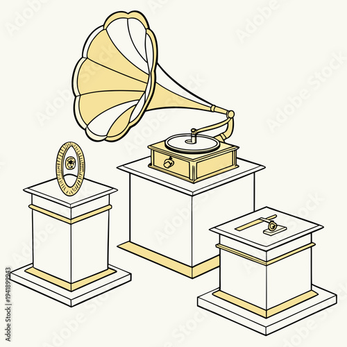 Golden gramophone on pedestals with records vintage