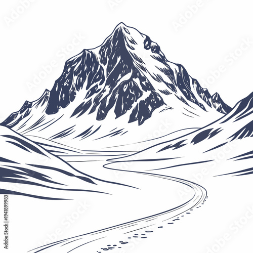 Arctic mountain landscape with snow covered peak and frozen valley road