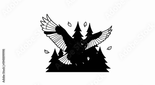 A black and white illustration of an owl in flight over a forest