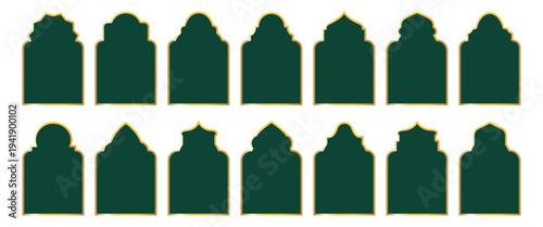 Set of dark green Islamic arches with golden luxury outlines and frames. Geometric windows in traditional Arabic and Moroccan style isolated on white background for Ramadan design