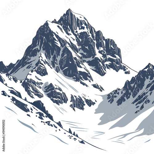Snowy mountain mass with sharp icy cliffs and slopes