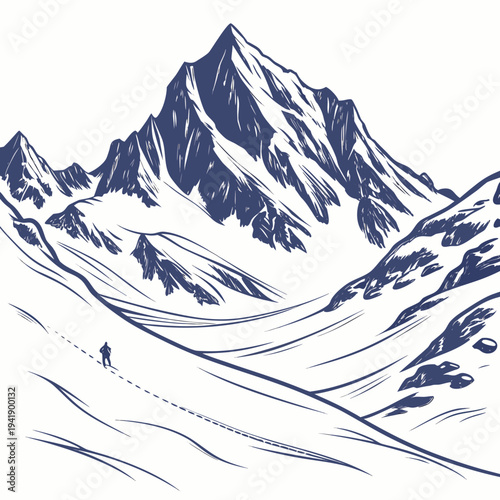 Snowy mountain ridge with hiker and thick snow cover