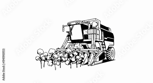 A black and white illustration of a cotton harvester at work in a field