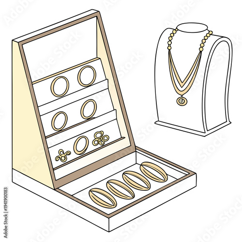 Gold jewelry display case with rings and necklace jewelry box