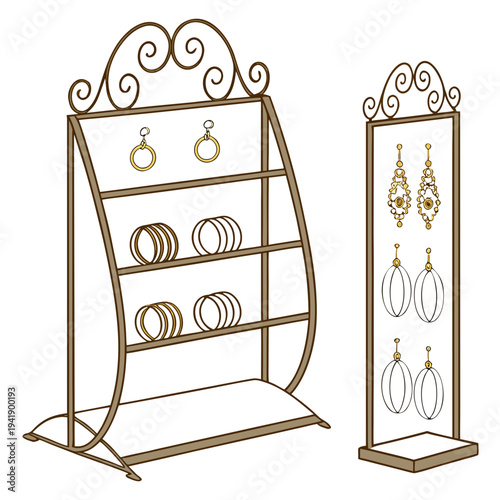 Gold jewelry display stands with earrings and bracelets