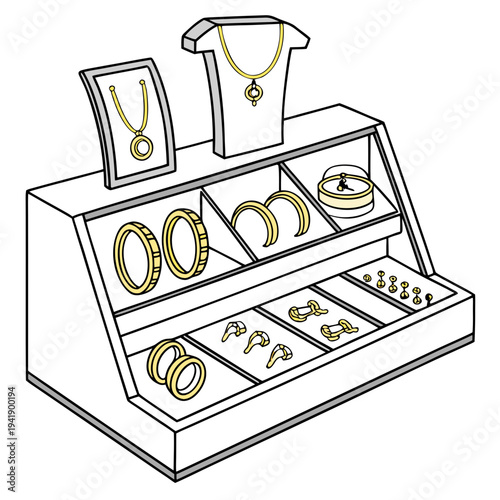 Gold jewelry display case with rings earrings and necklaces