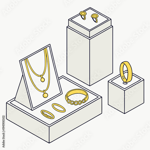 Gold jewelry retail display featuring rings necklaces bracelets