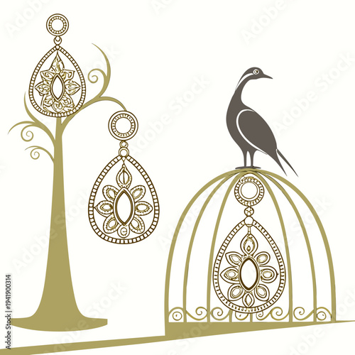 Gold jewelry tree and bird on ornate stand with teardrop earrings