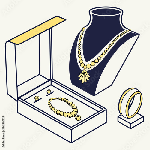 Gold jewelry set on display with necklace on bust and ring and bracelet in box