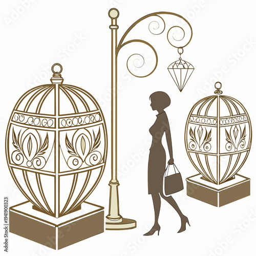 Gold lamp post with decorative orbs and diamond pendant next to woman