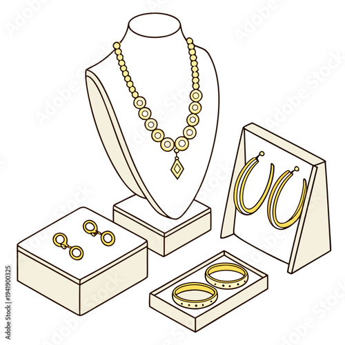 Golden jewelry display with necklace earrings and rings on stands and in boxes