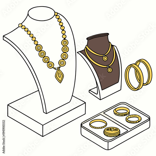 Golden jewelry display with necklaces and rings on stands