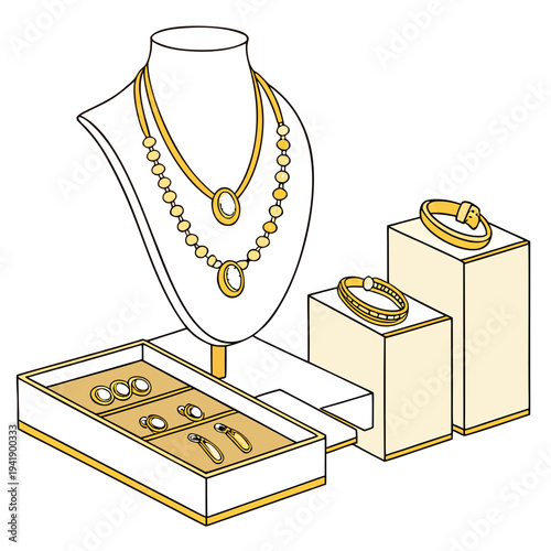 Golden jewelry display with necklaces bracelets earrings and rings