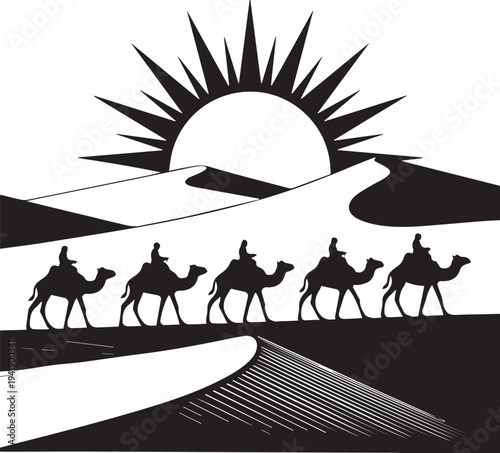 Silhouettes of five people riding camels in desert with rising sun sunrise sand dunes