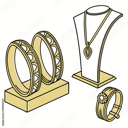 Golden jewelry showcase with bangles necklace and bracelet