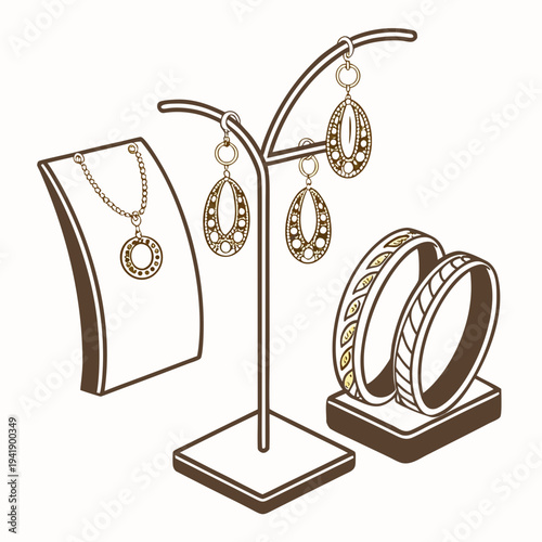 Luxury golden jewelry display with earrings necklace and bangles