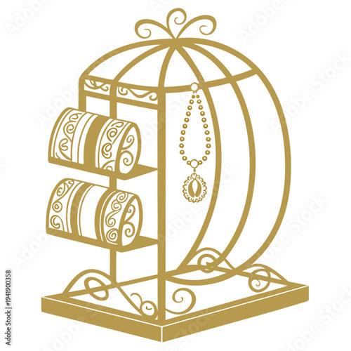 Gold jewelry display stand with bangles and necklace