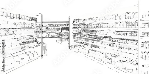 A black and white line drawing of a grocery store aisle with shelves full of products