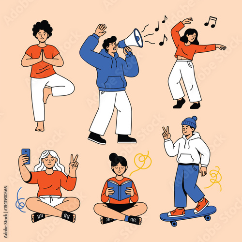 Diverse group of young people enjoying various recreational activities in a playful illustration