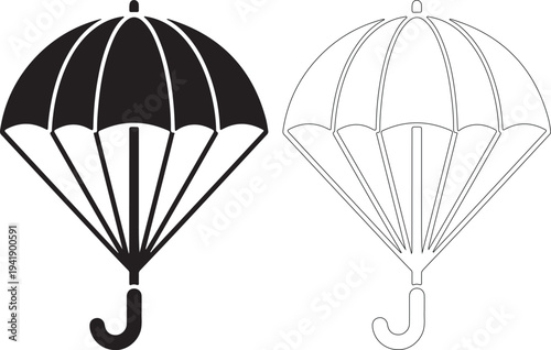 Black and white line art umbrella icons with handles down
