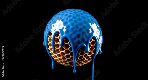 Blue dripping paint on honeycomb sphere against black background  