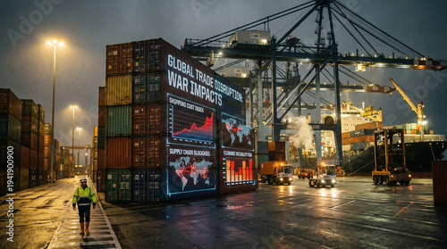 Global shipping containers at a port with economic charts and crisis headlines, symbolizing how wars and global crises disrupt trade and supply chains.